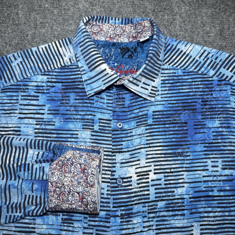 Robert Graham Classic Fit Button Up Shirt Blue Embroidered Flip Cuff Men Medium